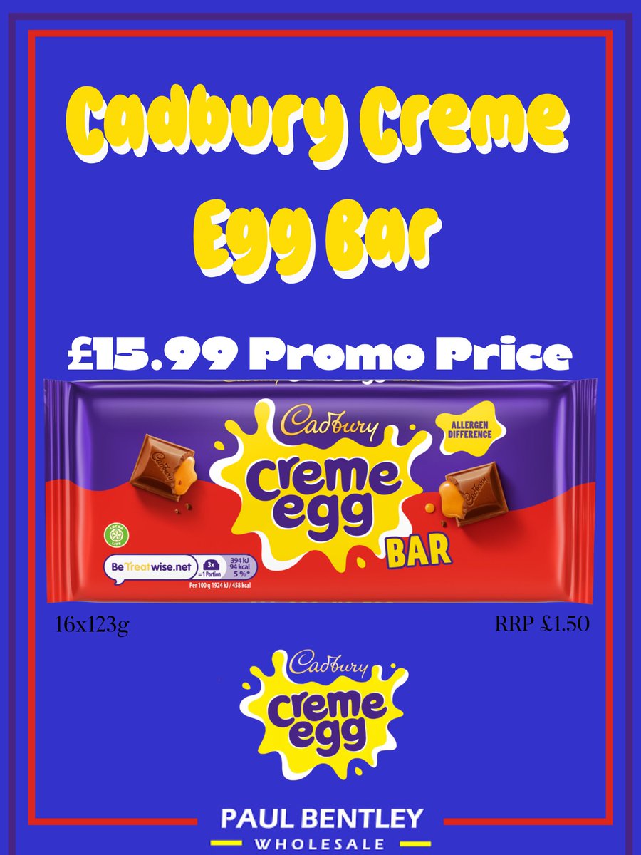 Creme Egg season is approaching!!
Stock up on the all time favourite that is the Cadbury Creme Egg - Bar edition!

Special Price offer on so get them whilst you can!
-
-
-
-
#cadbury #cremeegg #cadburycremeegg #easter #happyeaster #paulbentley #paulbentleywholesale #confectionery