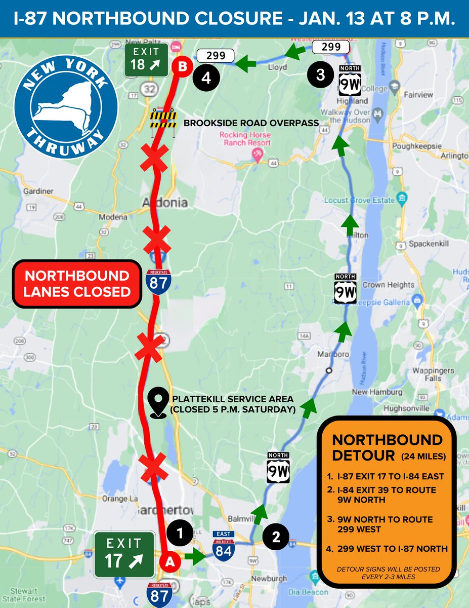NYSThruway's tweet photo. *TRAVEL ALERT* This Saturday, Jan. 13 at 8 p.m., the northbound lanes of the Thruway (I-87) from exit 17 (Newburgh) to exit 18 (New Paltz) will fully shut down for at least 12 hours to remove a portion of the damaged Brookside Road overpass.
MORE INFO▶️ https://t.co/jGJUbAmzqQ https://t.co/melJRD1U07