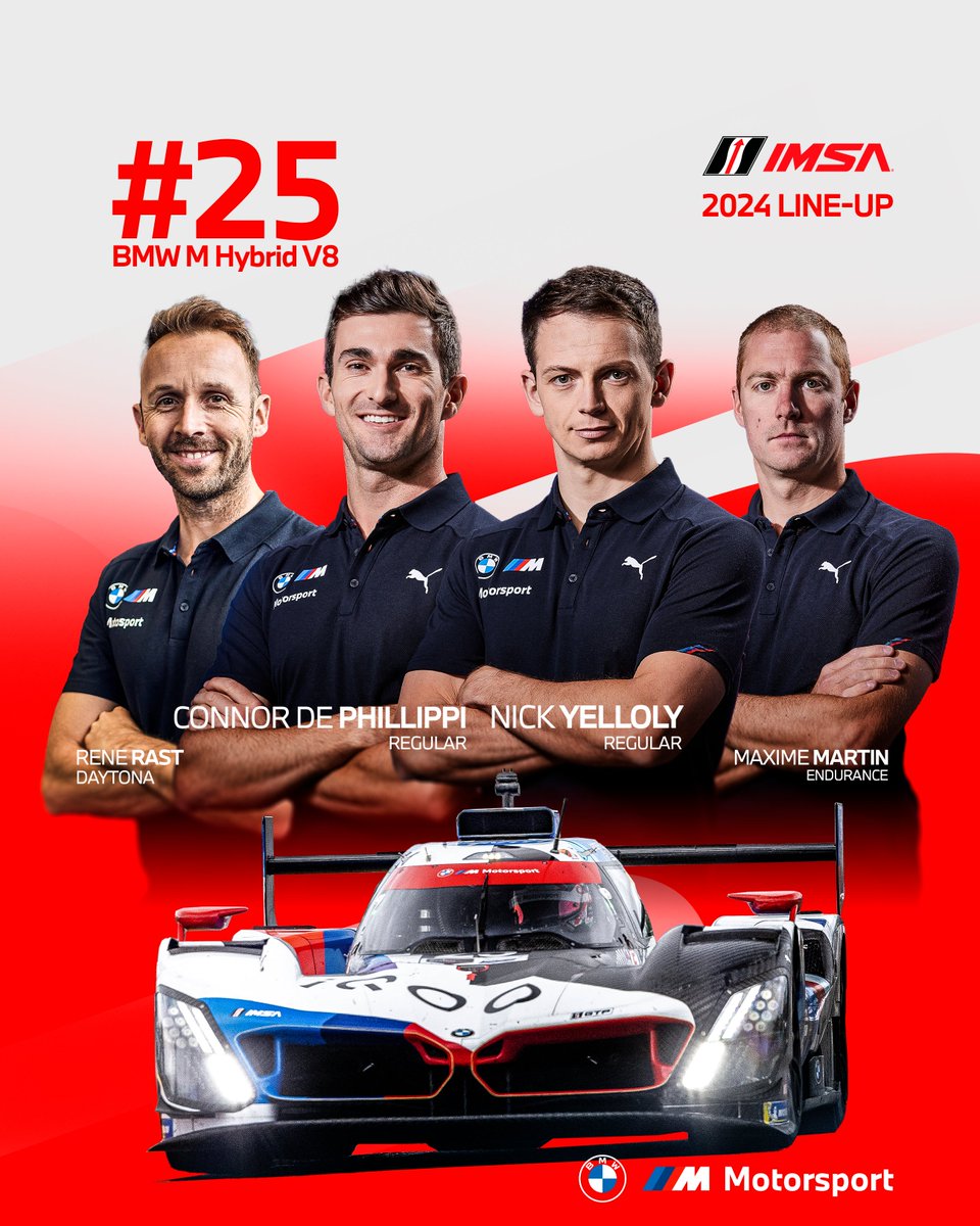 BMWMotorsport's tweet photo. Meet our 2024 IMSA drivers! 

Get ready for electrifying racing in North America with two BMW M Hybrid V8s. ⚡️ https://t.co/Z4x5qJZgxq