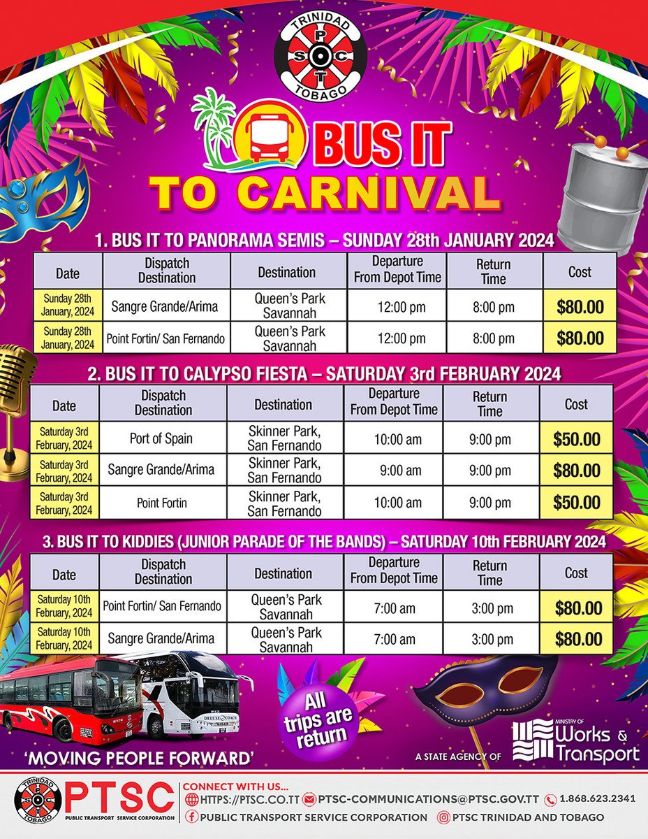 ptsctt's tweet photo. No need to worry about parking or safety of your vehicle. Bus it to Carnival with us! See below early bird rates!!! You can pay through our Pay Portal on https://t.co/2LrGejphiK or send us an email at PTSC-Sales@ptsc.gov.tt

#busit #carnival #MovingPeopleForward https://t.co/4TyV4Lkmaj