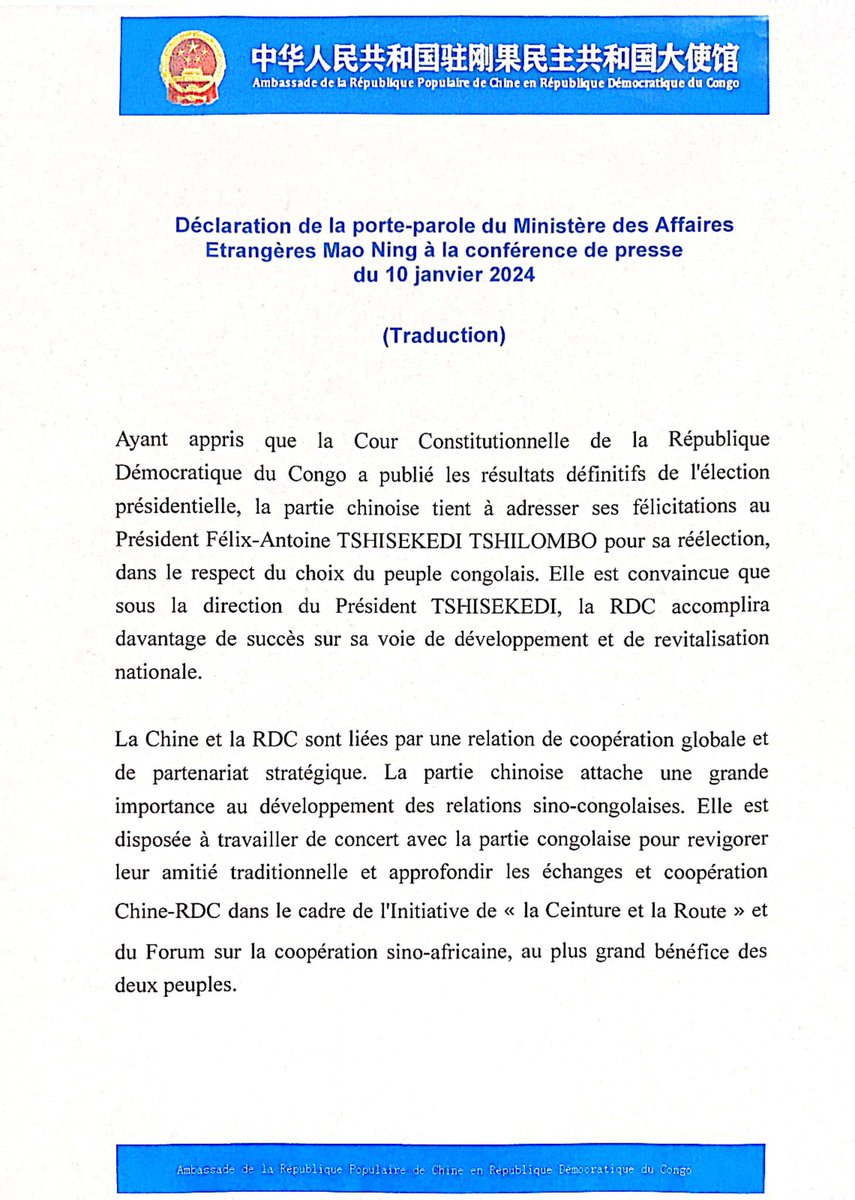 #Presidentielle_En_RDC: La  Chine adresse ses félicitations au président réélu Félix Tshisekedi. La Chine est convaincue que " sous la direction du président Tshisekedi,  la RDC accomplira davantage de succès sur sa voie de développement et de revitalisation nationale ". (