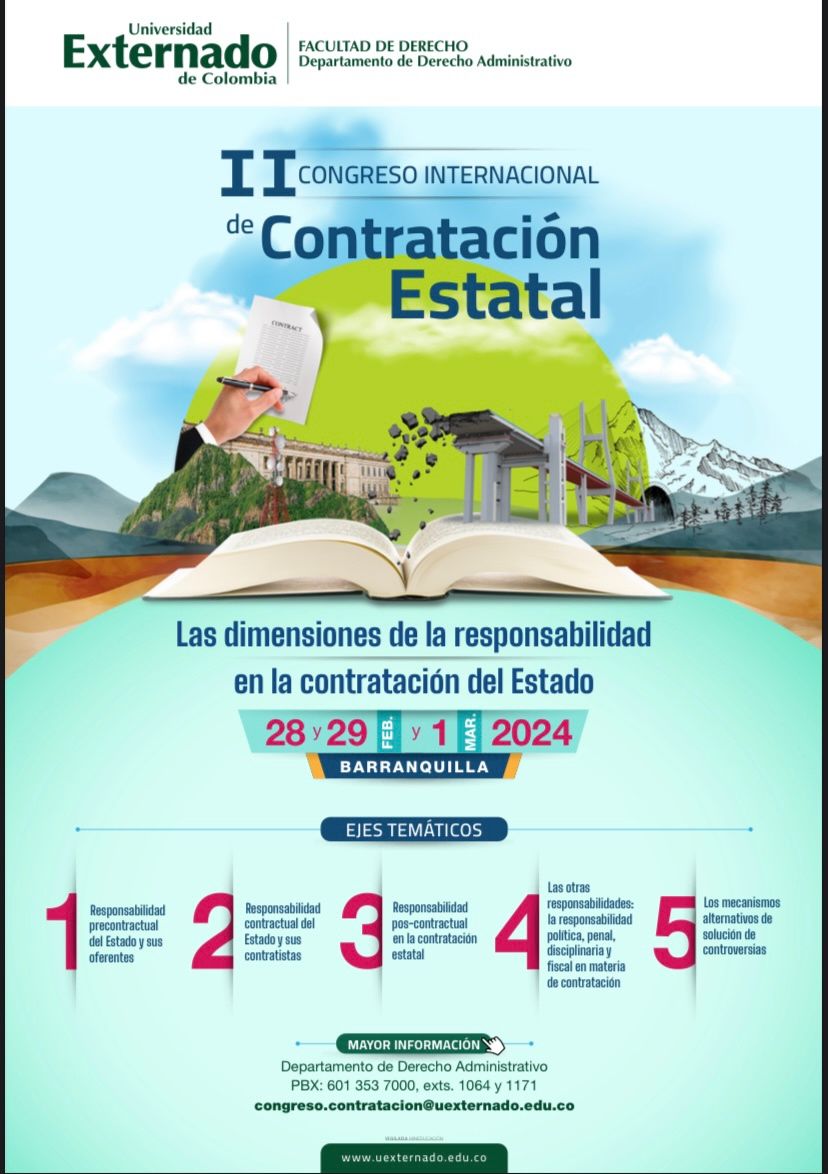 DerechoAdminUEX's tweet photo. La Escuela de Derecho Administrativo tiene el gusto de invitarles a la segunda versión del Congreso Internacional de Contratación Estatal: "Las dimensiones de la responsabilidad en la contratación del Estado", los días 28, 29 de febrero y 1 de marzo.

¡Nos vemos en Barranquilla! https://t.co/eoy0KsaMrE