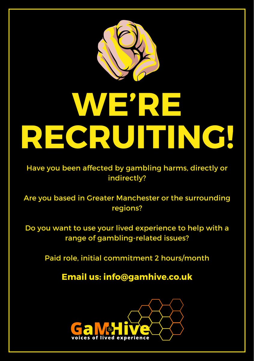 GaMHive are recruiting new members in Greater Manchester! If you’ve been harmed by gambling and want to get involved, reach out to us! 😀🐝