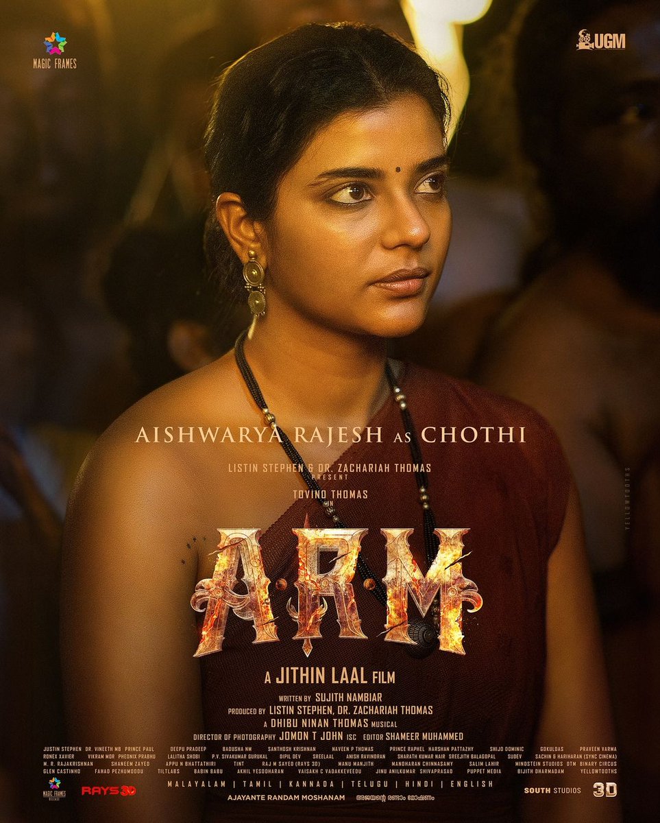 RDBalaji's tweet photo. #AishwaryaRajesh as #Chothi in #ARM 💥

#HBDAishwaryaRajesh special and character reveal poster from 
 #TovinoThomas's #ARM Team 

Next BIGGG Thing From Mollywood 🔥

Directed By #JithinLaal 

#AjayanteRandamMoshanam 

@ttovino @IamKrithiShetty @aishu_dil @jithin_lall @dopjomon @UGMMovies @magicframes2011 @basiljoseph25 @Rohinimolleti @UrsPramodShetty