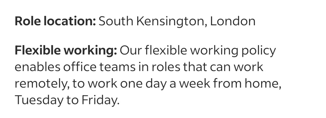 Seeing this a lot lately &amp; I need recruiters to stop.

If you only let employees work from home *one day a week* &amp; you mandate which day they can do it , then you do NOT offer "flexible working".
You offer a rigid work environment that prioritises routine &amp; structure over people.