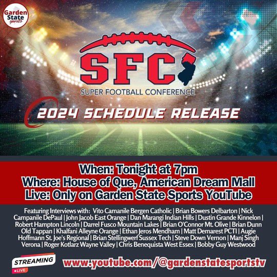 SFC Schedule Release Show, 7 PM tonight. Live streaming link available below. @wvalleyathletic @SFCFootballNJ @JSZ_Sports
