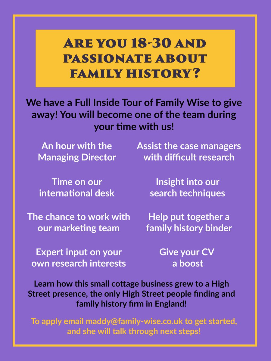 Are you 18-30 and passionate about family history? We have a Full Inside Tour of FWL to give away! Read below for more info!
To apply for this rare chance email maddy@family-wise.co.uk for details of the next steps

#genealogy #familyhistory #ancestry #familytree #GenZGenealogist