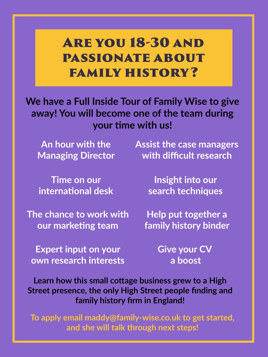 Are you 18-30 and passionate about family history? We have a Full Inside Tour of FWL to give away! Read below for more info! To apply for this rare chance email maddy@family-wise.co.uk for details of the next steps #genealogy #familyhistory #ancestry #familytree #GenZGenealogist