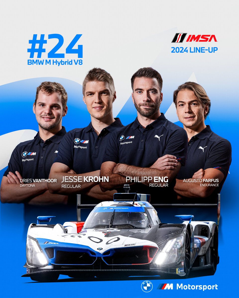 BMWMotorsport's tweet photo. Meet our 2024 IMSA drivers! 

Get ready for electrifying racing in North America with two BMW M Hybrid V8s. ⚡️ https://t.co/Z4x5qJZgxq