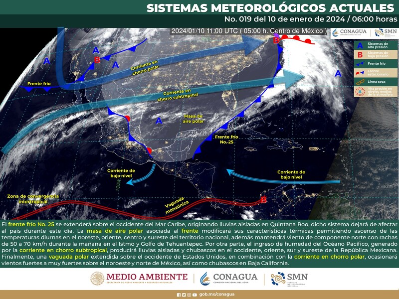 El Servicio Meteorológico Nacional (SMN) informó que este lunes 10 de enero de 2024 se esperan condiciones climáticas adversas en el noroeste y norte de México, debido a la influencia de una vaguada polar y la corriente en chorro polar. #Clima #México

comunicanoticias.com.mx/alerta-por-vie…