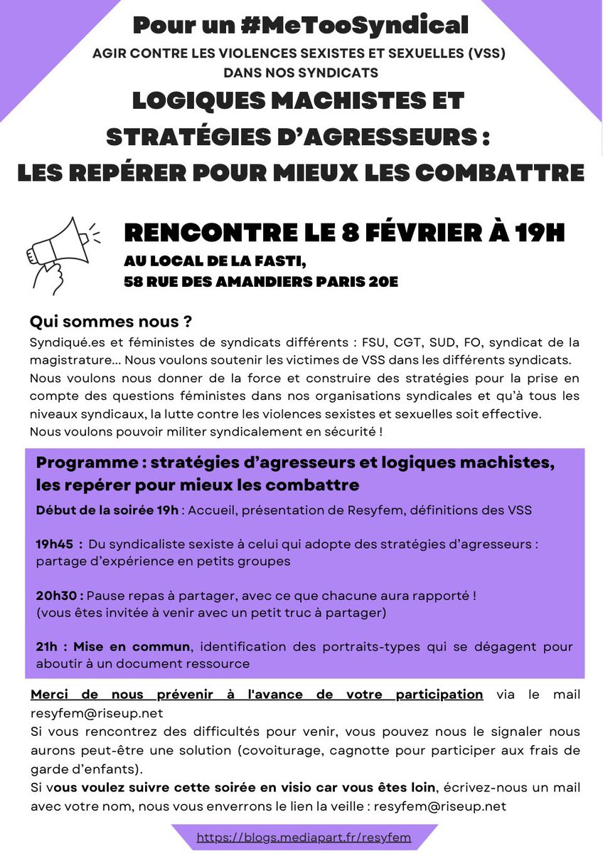 Resyfem's tweet photo. #Metoosyndical 
Retrouvons nous en non mixité pour agir contre les violences sexistes et sexuelles le 8 février à 19h ! https://t.co/PYJfaYmWvE