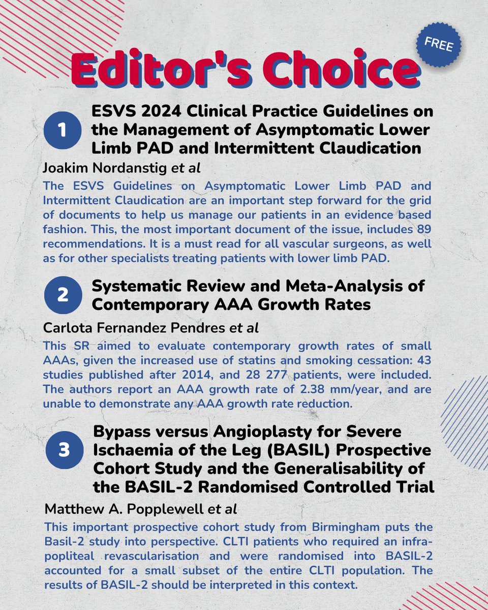 ESVS (@esvsmembership) on Twitter photo đź“°1st EJVES issue of 2024 is out!
Starting 2024 strong w/3 editorials and 3 Editor's Choice Papers - including our #PAD Guidelines!
@CarlotaFPendres 's team shared a paper on contemporary AAA Growth Rates
<a href="/MAPopplewell/">Matt Popplewell</a> 's prospective cohort study puts BASIL-2 into perspective đź“°1st EJVES issue of 2024 is out!
Starting 2024 strong w/3 editorials and 3 Editor's Choice Papers - including our #PAD Guidelines!
@CarlotaFPendres 's team shared a paper on contemporary AAA Growth Rates
<a href="/MAPopplewell/">Matt Popplewell</a> 's prospective cohort study puts BASIL-2 into perspective