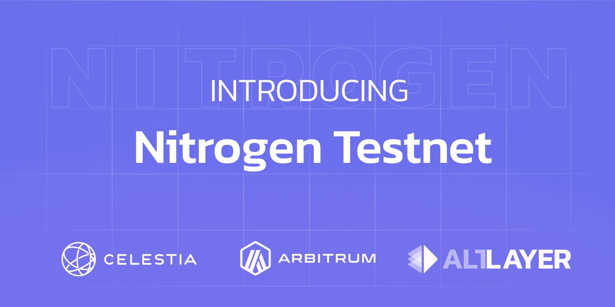 alt_layer's tweet photo. Happy to announce Nitrogen: a public @Arbitrum Orbit testnet using @CelestiaOrg as modular DA is now LIVE!

Nitrogen is secured by working Arbitrum Nitro fraud proofs and integrates with Celestia Blobstream on Arbitrum Sepolia.

Try out Nitrogen today! 🚀 https://t.co/mfGQsj995J