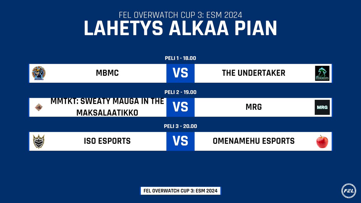 Suomi OW (@suomioverwatch) on Twitter photo FEL Overwatch Cup 3: ESM 2024 toinen päivä on alkamassa!
Päivän ohjelma:
⏰17.50 - Matsiennakot
⚔️18.00 - MBMC vs. <a href="/UndertakerOW/">The Undertaker</a>
⚔️19.00 - MMTKT: Sweaty Mauga in the maksalaatikko vs. <a href="/moodyMRG/">Moody Raven Gaming</a>
⚔️20.00 - <a href="/ISOEsportsFI/">ISO</a> vs. omenamehu esports
📺 twitch.tv/suomiow FEL Overwatch Cup 3: ESM 2024 toinen päivä on alkamassa!
Päivän ohjelma:
⏰17.50 - Matsiennakot
⚔️18.00 - MBMC vs. <a href="/UndertakerOW/">The Undertaker</a>
⚔️19.00 - MMTKT: Sweaty Mauga in the maksalaatikko vs. <a href="/moodyMRG/">Moody Raven Gaming</a>
⚔️20.00 - <a href="/ISOEsportsFI/">ISO</a> vs. omenamehu esports
📺 twitch.tv/suomiow