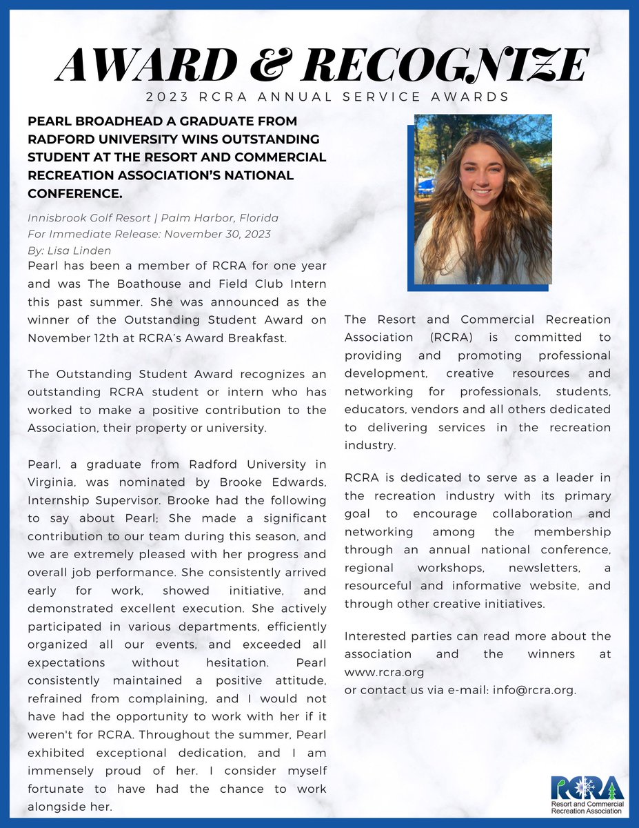 radfordcehd's tweet photo. Congratulations to #RadfordAlumni Pearl Broadhead '23 on receiving the Outstanding Student Award at the 2023 Resort and Commercial Recreation Association's National Conference. Pearl is a recent graduate from the Department of Recreation, Parks, and Tourism. 
@RCRAorg https://t.co/tYMzrlbrev
