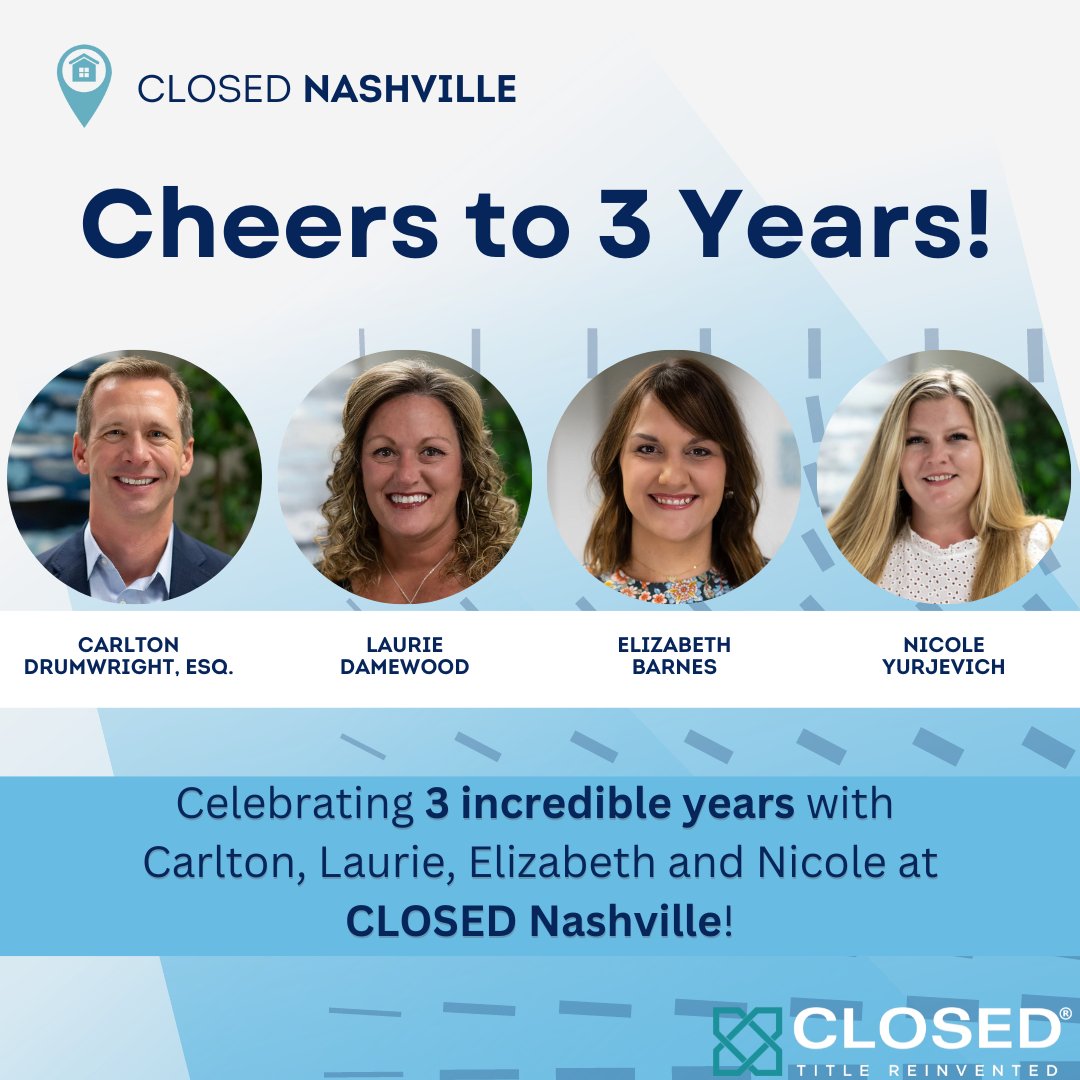closedtitle's tweet photo. Three years of incredible teamwork, innovation, and making waves in the greater Nashville area! 🎉 Here's to the amazing journey so far and the exciting road ahead! 🚀🎊 #TeamAnniversary #CLOSEDNashville #NashvilleTitleCompany #NashvilleAgents https://t.co/32ZGBtDGMv