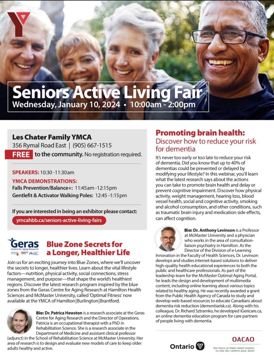 I'm at the YMCA Seniors Active Living Fair, where @McMasterU speakers @p_hewston and @eLearningDoctor are set to share insights on #HealthyAging. If you are here, visit the @Mac_AgingNews table for opportunities to participate in #AgingResearch led by @MIRAMcMaster researchers