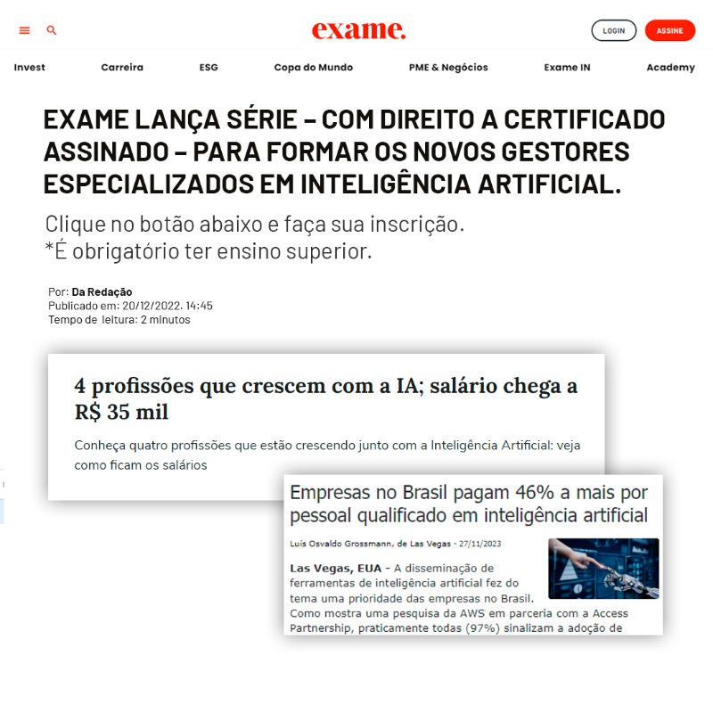 exame's tweet photo. Inteligência Artificial: Carreira do Futuro

75% das empresas vão incorporar Inteligência Artificial nos seus negócios nos próximos 5 anos - e os profissionais que dominarem essa tecnologia serão extremamente disputados.

Se inscreva gratuitamente para a série e saiba mais: