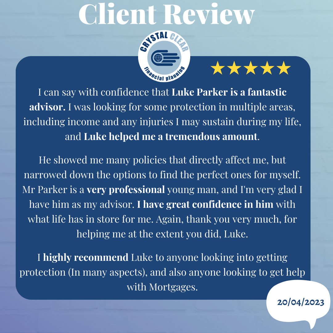 PlanningCrystal's tweet photo. “I can say with confidence that Luke Parker is a fantastic adviser”

Luke is smashing it!👏🏼

What a fantastic review, well done Luke!🌟
#5starservice #financialservices #happyclienthappyus #mortgage https://t.co/wek0jyBmJf