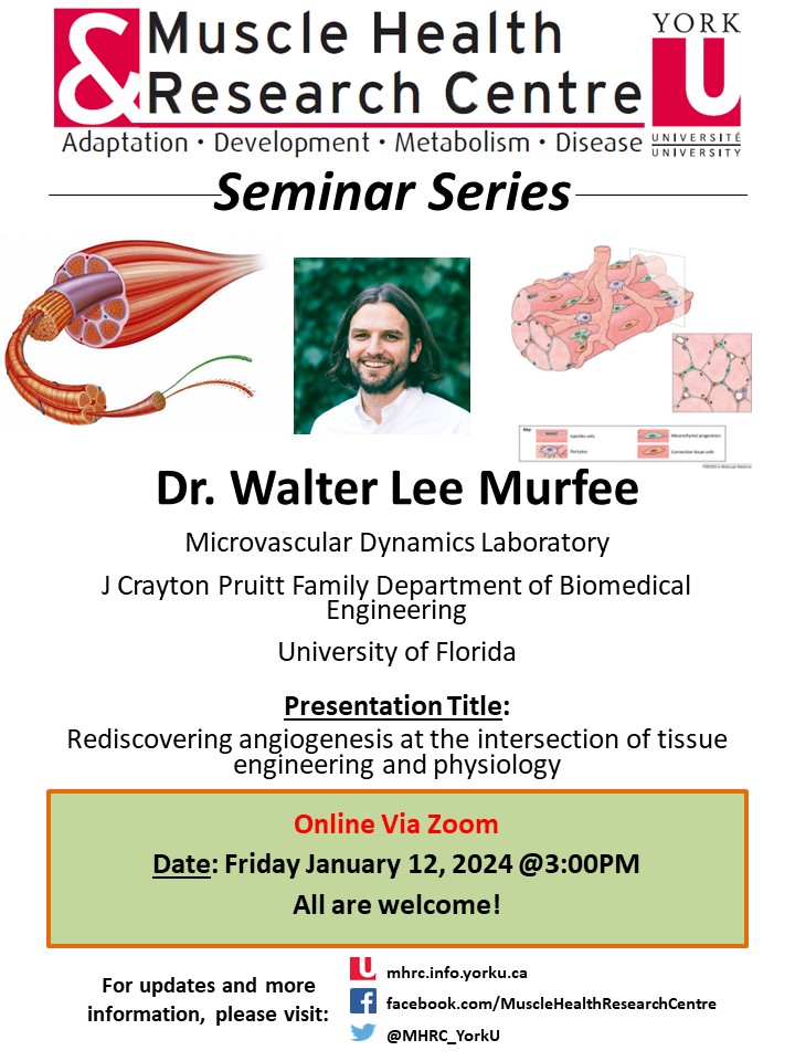 Please join us Friday (3pm Toronto time) for the MHRC Seminar featuring @lee_murfee (U Florida) who will speak on 'Rediscovering angiogenesis at the intersection of tissue engineering and physiology'. Get link: yorku.zoom.us/j/97703248317?… Meeting ID: 977 0324 8317 Passcode: 919244