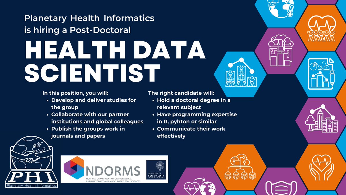 Interested in using real-world data and international collaboration for the prevention and treatment of human diseases?
PHI is hiring a #postdoc in #healthdatascience to support our planetary health research. Full details  below

@ndorms @CSMOxford

my.corehr.com/pls/uoxrecruit…