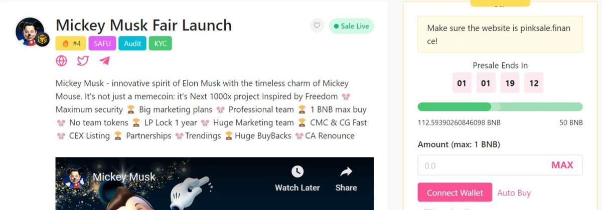 Our fairlaunch is rocking! If you haven't joined yet, now's the time. Big plans unfolding, top influencers are on board. 🌟 Keep an eye out, we're hinting at a CEX listing soon. Don't miss the presale - surprises await! #MickeyMusk

pinksale.finance/launchpad/0x6d… 

Join our Presale now!