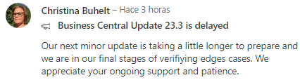 gdrenteria's tweet photo. #d365bc #businesscentral #msdyn365bc #minorupdate
📣 Microsoft Announcements: Business Central Update 23.3 is delayed https://t.co/AKwAYHayUv