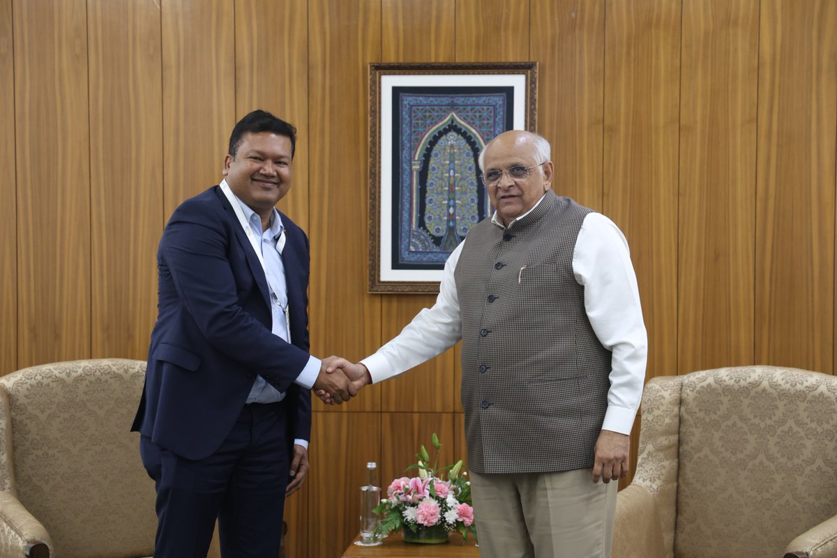 Bhupendrapbjp's tweet photo. Pleased to meet Mr. Romal Shetty, CEO, Deloitte South Asia. 

Discussed with him facilities offered by Gujarat’s global financial and technology hub - GIFT city, including single-window clearances and approvals under one umbrella. 

Acquainted him with the Gujarat government’s policy measures and incentives to attract large investments in various sectors with an aim to promote overall development of the economy.   

@RomalShetty 
@Deloitte

#VibrantGujaratGlobalSummit 
#VibrantGujarat