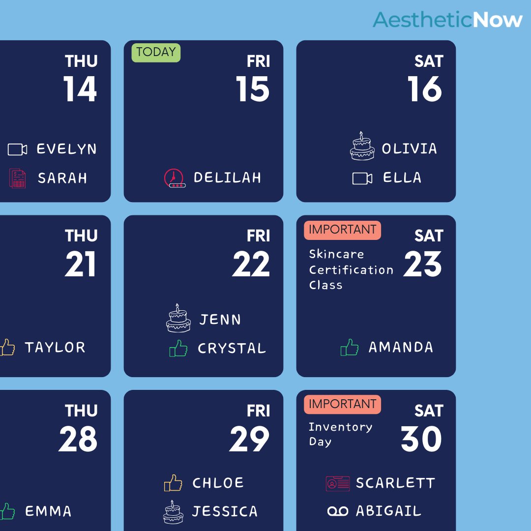PNEssentials's tweet photo. Iconic scheduling just got an upgrade! 📆  With our intuitive calendar icons, we make it a breeze to note every scenario relevant to your client's appointment. Easily spot video consultations, special occasions, members, and more. Because in a busy medspa, every detail matters! https://t.co/3anC3qSdLH