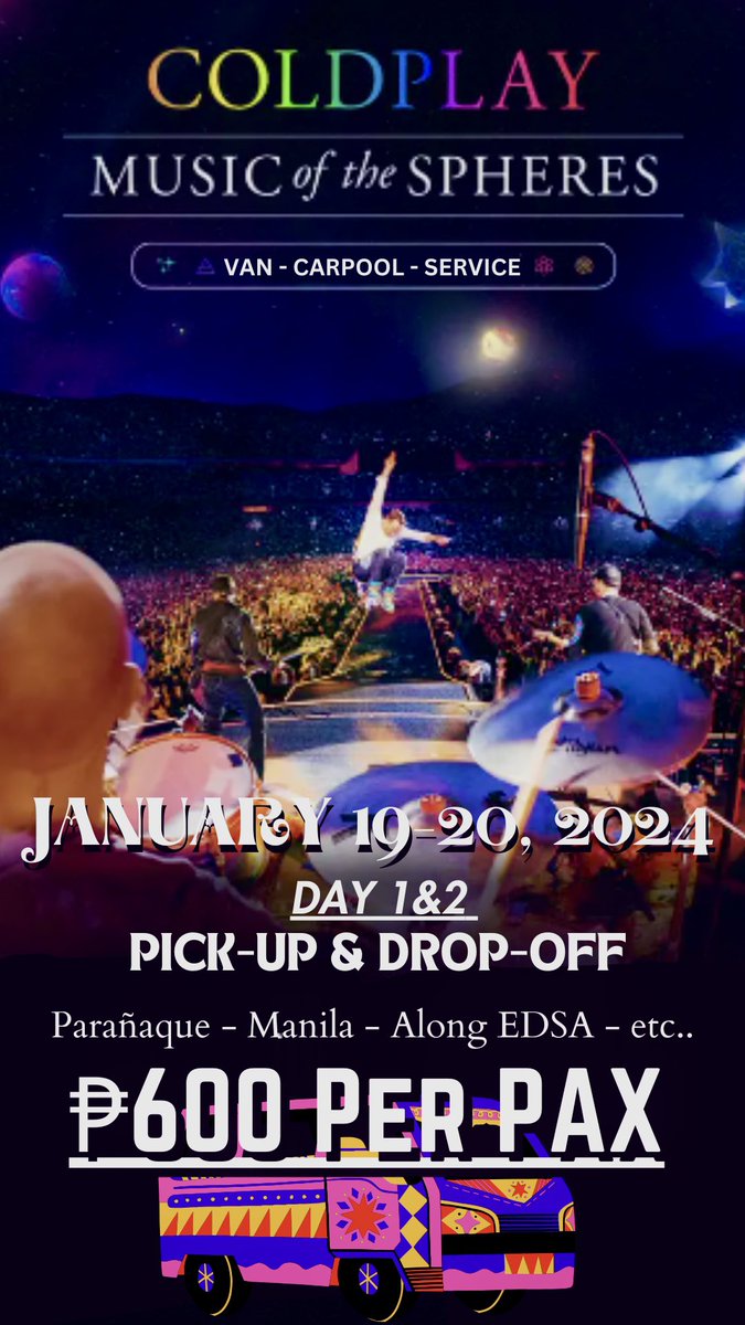 dariusbainaaa's tweet photo. Coldplay: Music Of The Spheres World Tour
 Day 1 and 2!

- 600 ea/per day ALL IN RATES
- Location: Sucat, Bicutan, Mall of Asia, Manila, Along EDSA etc..
- DM for more info

#MOTSWTP 
#ColdPlayCarpoolPH 
#MusicOfTheSpheresWorldTourPH #ColdplayInPH 
#MusicOfTheSpheresWorldTourPH https://t.co/3XSdAgn514