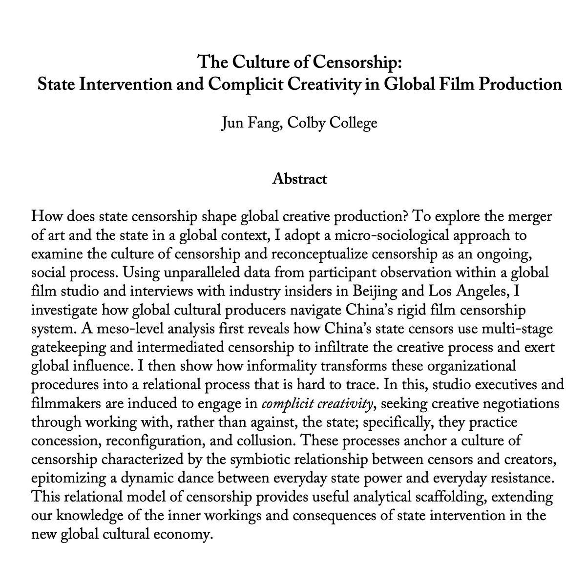 Excited to share that my article, “The Culture of Censorship,” was just accepted at <a href="/ASR_Journal/">American Sociological Review</a>.

In it, I develop a micro-sociological model of censorship and coin the term “complicit creativity.” I’m so grateful to everyone who provided comments and helped me think it through.