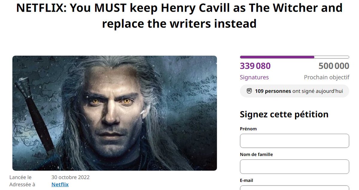 Une pétition contre la saison 4 de The Witcher sur Netflix atteint plus de 337 000 signatures 😳

Les fans demandent le retour d'Henry Cavill mais veulent aussi que Netflix se sépare des auteurs qui ne respectent pas l'œuvre originale

Le tournage doit débuter en mars prochain...