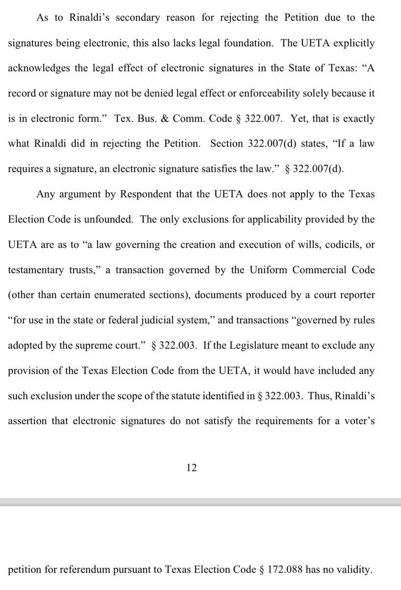 MattRinaldiTX's tweet photo. The petition filed by the Texas Nationalist Movement this am asks the Texas Supreme Court to rule that electronic signatures gathered over the internet are allowable for ALL Election Code purposes. Read that again. This would include voter registration and mail in ballot applications, as well as petitions. It is what Democrats have been fighting for for years and isnt a fight we should cede because a group attempting to put a nonbinding poll on a ballot didn’t want to incur the time and expense of gathering signatures by hand. The @TexasGOP will fight this legal broadside on the integrity of our elections because if we lose, it will affect how elections in Texas are conducted for years to come. #txlege