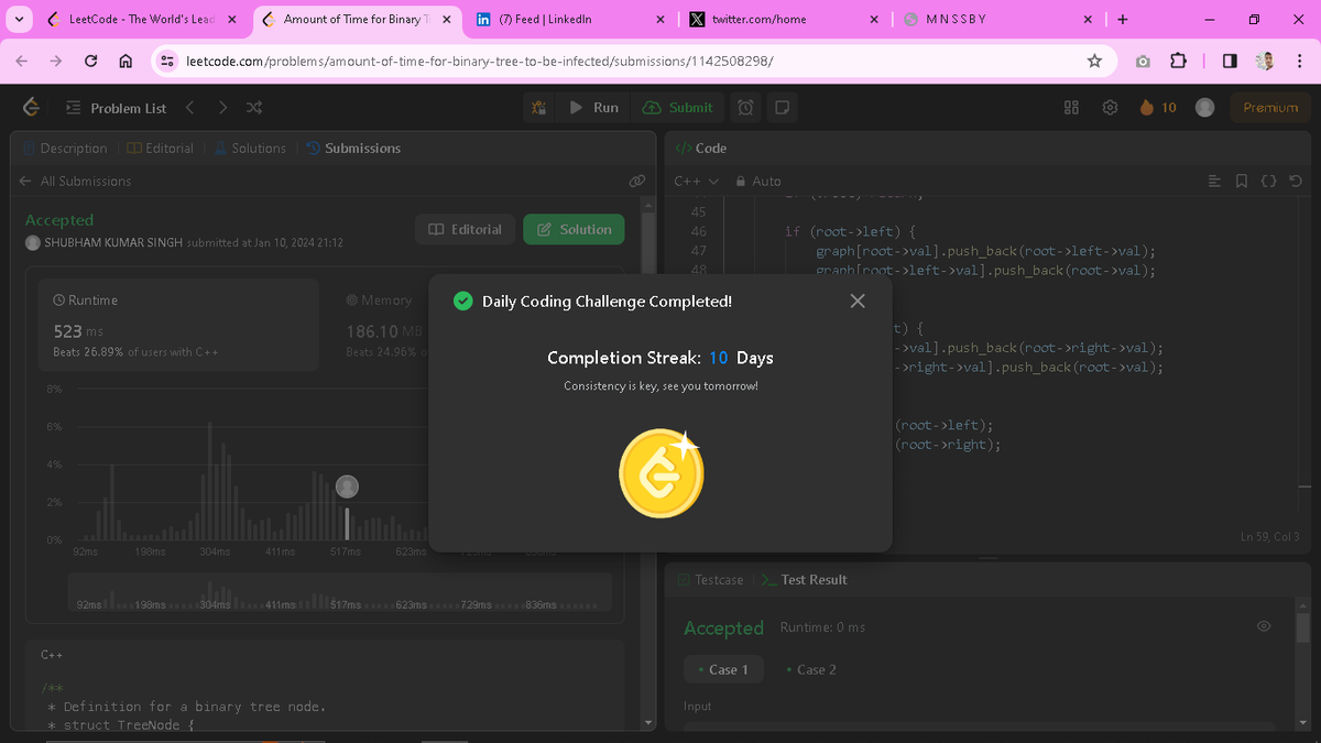 Solving daily problem (Day_10) on <a href="/LeetCode/">LeetCode</a>. Learning with fun and enjoying the journey of goal/destination. 

Q. 2385. Amount of Time for Binary Tree to Be Infected.

#leetcodechallenge #problemsolving 
#improvement #LeetCode #CodingChallenge
#DailyChallenges #LearnInPublic