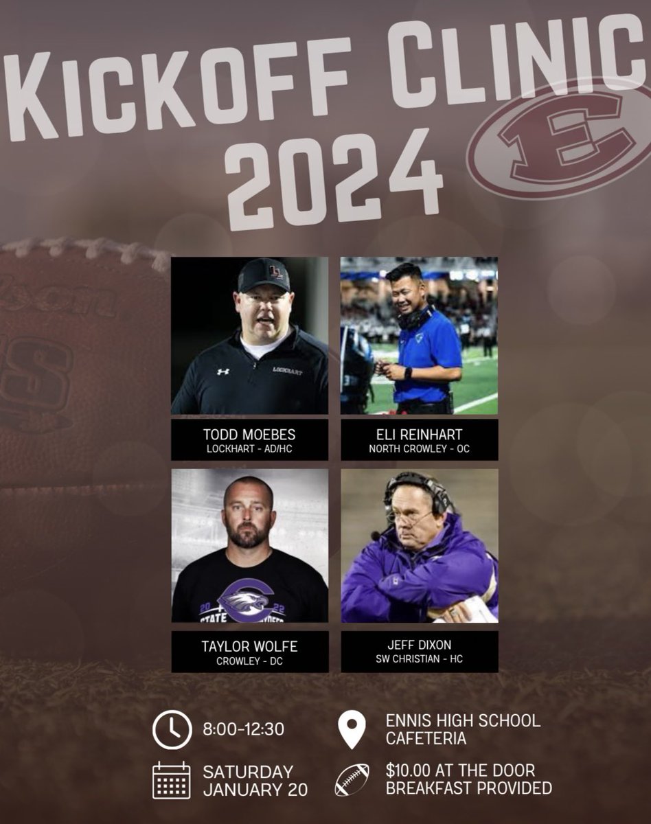10 days until Kickoff Clinic 2024! Follow the link to register. Looking forward to seeing you there!

forms.gle/bR7dy3tDq8Sput…

8:00- <a href="/Wardbord_/">Wardbord - Football Systems 🏈</a> 
8:30- <a href="/CoachJeffDixon/">Jeff Dixon</a> 
9:20- <a href="/CoachMoebes/">Todd Moebes</a> 
10:10- <a href="/CoachEReinhart/">Eli Reinhart</a> 
11:00- <a href="/Wolfe_Taylor_/">Coach Wolfe</a> 
Breakout session following each speaker.