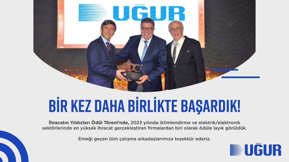 İhracatın Yıldızları Ödül Töreni’nde yıldızımız parladı! ✨ 

Bu başarı, uzun vadeli stratejilerimizin ve ekibimizin azimli çalışmasının bir yansımasıdır. Tüm çalışma arkadaşlarımıza teşekkür ederiz. 

#UğurŞirketlerGrubu #İhracatınYıldızları