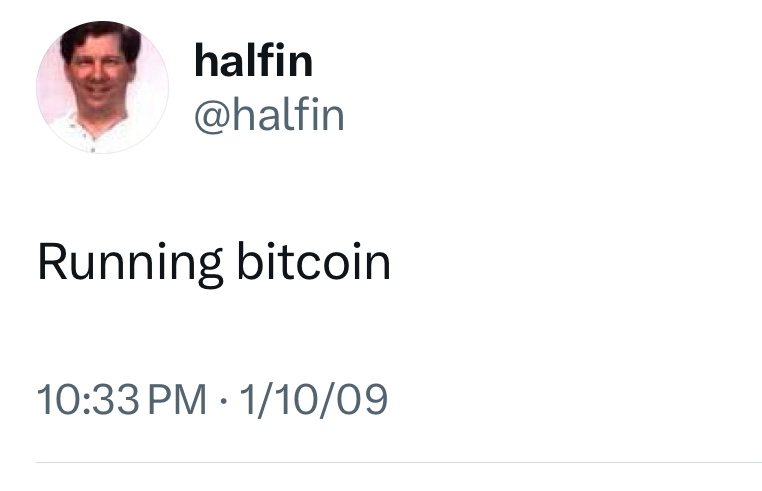 15 years ago today, the first ever tweet mentioning #Bitcoin was posted by Hal Finney.