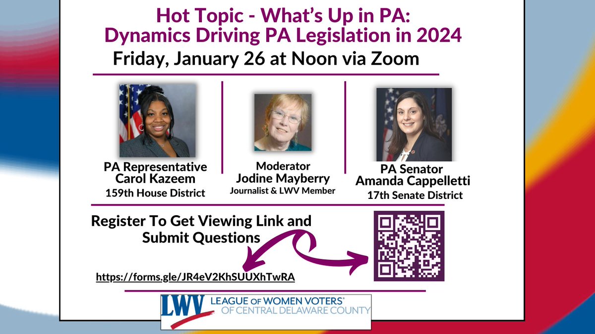 📣📣Get insights from PA state legislators about current issues, committee work, &amp; priorities. PA Rep. Carol Kazeem (159th Dist.) and PA Sen. Amanda Cappelletti (17th Dist.) will share “What's Up in PA”.  Fri. Jan. 26 @ noon on Zoom. Register for link: forms.gle/JR4eV2KhSUUXhT…