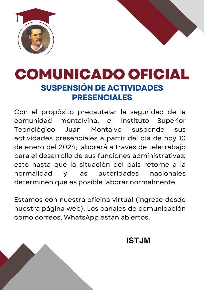 📢 [COMUNICADO]❗️ Medidas de seguridad en garantía del bienestar de nuestra comunidad montalvina.

Solicitamos mantenerse informados a través de los canales institucionales oficiales.

Oficina virtual: cedia.zoom.us/j/87838763043