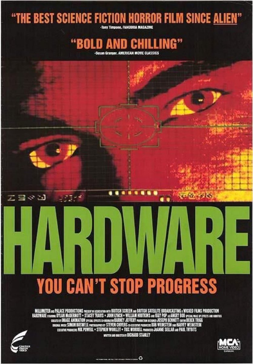 GabeCrate's tweet photo. ☢️#112. Hardware, 1990. A 94 minute industrial music video starring a murderous self assembling robot. Constant grimy energy and low-fi inventiveness balance its budgetary restrictions, though its lacking in anything resembling a compelling story. #Ineedashower 3.5/5 ☢️ https://t.co/hOPtsjO2hz