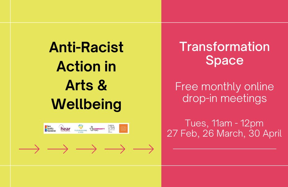 Interested in anti-racist action in Arts & Wellbeing? Join us w/@wnicholson7 @SWK_CHWP @raceequality @HEAR_Network @de_archive for free online informal 'drop-in' meetings to meet & share ideas Tues, 11am-12pm 27 Feb, 26 March, 30 April Sign up now! shorturl.at/cruG5