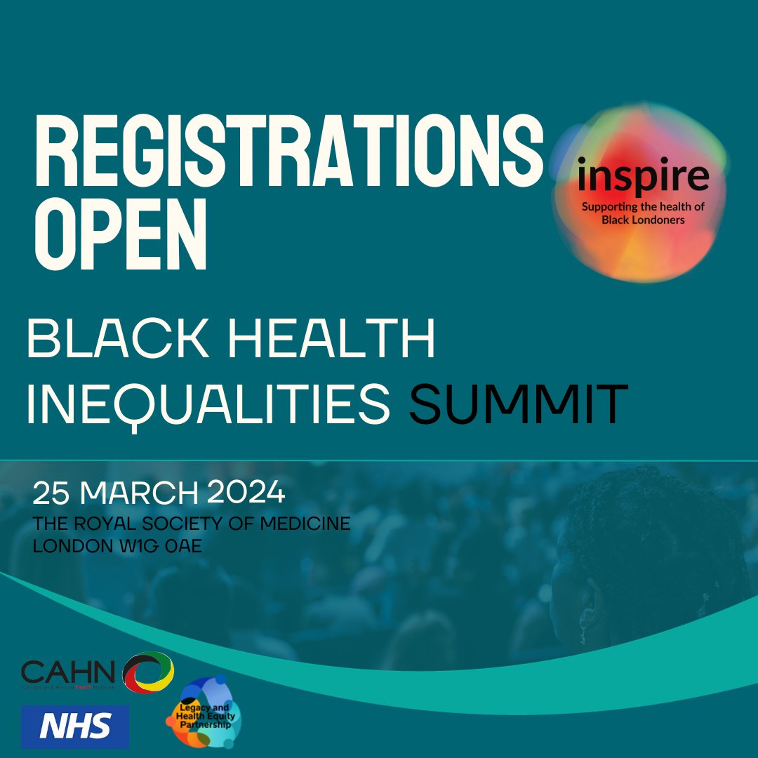 LDNinspire_'s tweet photo. Registrations now open! 
Join us at the Black Health Inequalities Summit on the 25 March 2024.
Improving the health of Black Londoners
Register now: https://t.co/mIIGoVKgvg

#BlackHealthSummit #LDNinspire https://t.co/v5Ssvfgxe9