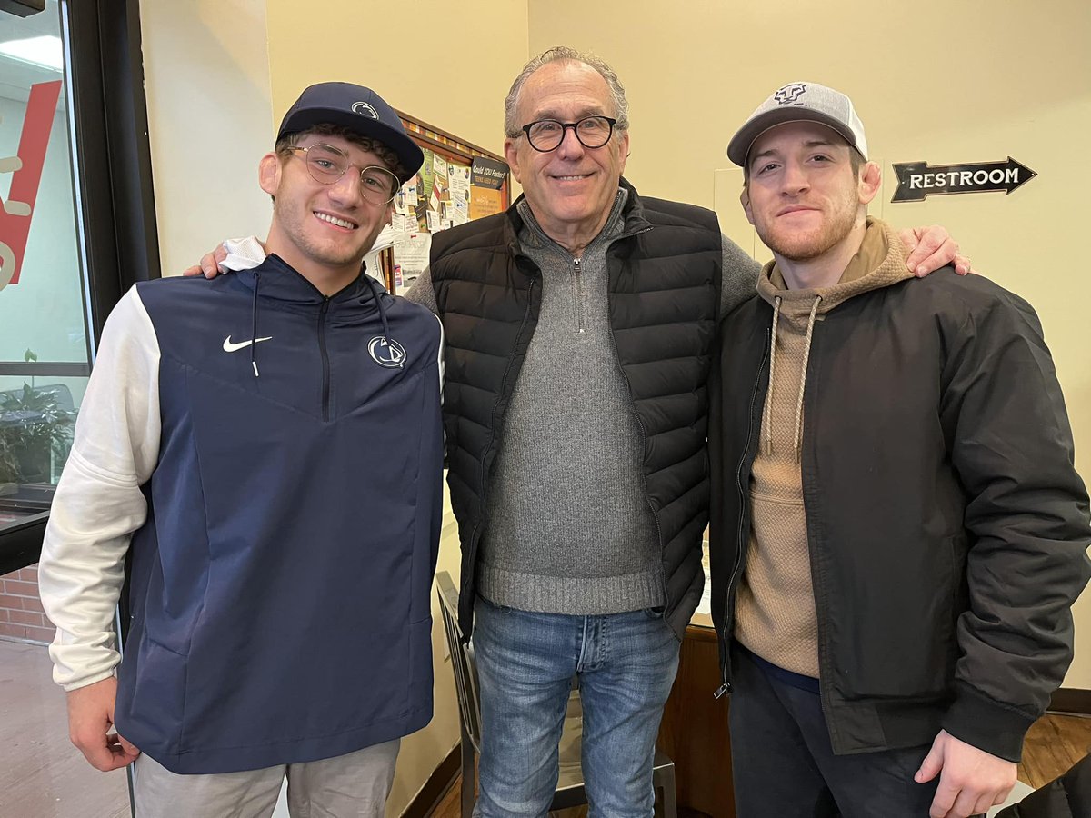 LevieAlvin's tweet photo. Just ran into Nick Lee and Mitchell Mesenbrink at the Good Day Cafe. We welcome Mitchell our 2023 World Champion under 74kg and we are always proud of Nick our National Champion! #WeAre #PennStateWrestling https://t.co/lON92ScsvG