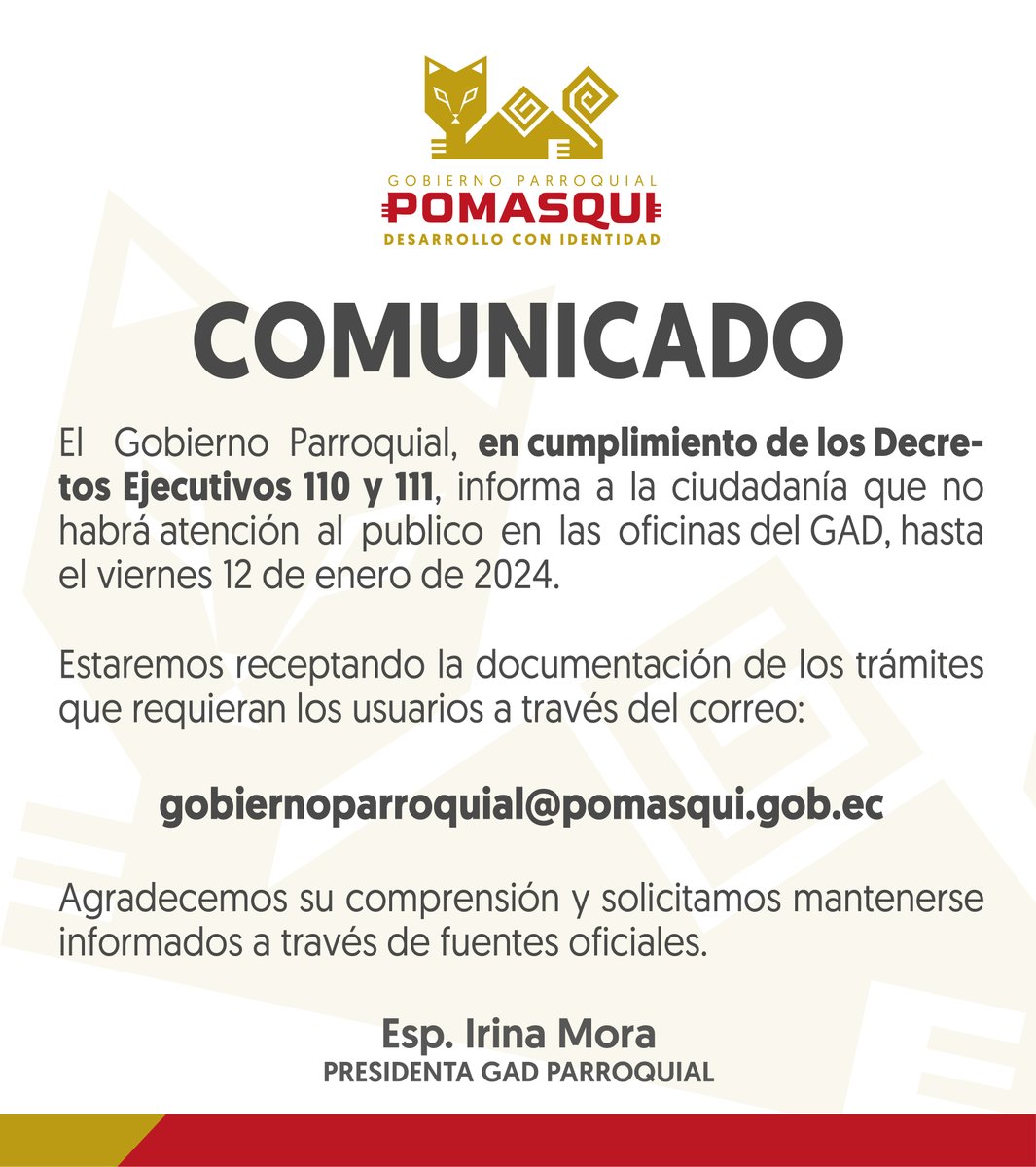 PomasquiGad's tweet photo. #ComunicadoImportante | El Gobierno Parroquial informa a la comunidad.
#gobiernodepomasqui
#DesarrolloConIdentidad
#irinamora https://t.co/DvWa65BBZT