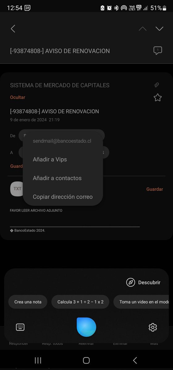 paulabanny's tweet photo. @BancoEstado me llegó un correo supuestamente del banco con un adjunto, que parece malicioso.
Les dejo imagen https://t.co/dFm7i3xKhj