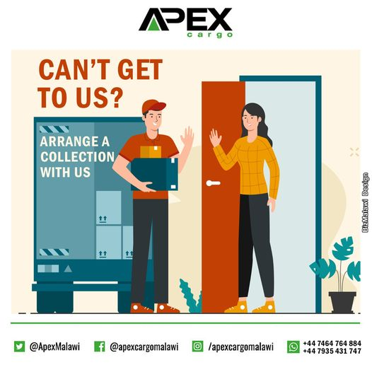 ApexMalawi's tweet photo. Unable to collect your goods? No worries! Arrange with us, and we'll deliver right to your doorstep for your convenience.
Contact us today at:
📷 0999 844 515 (MW)
📷 00447935431747 (UK)
#ApexMalawi
#ApexDelivers
#DoorToDoor https://t.co/gt1gHKtawR