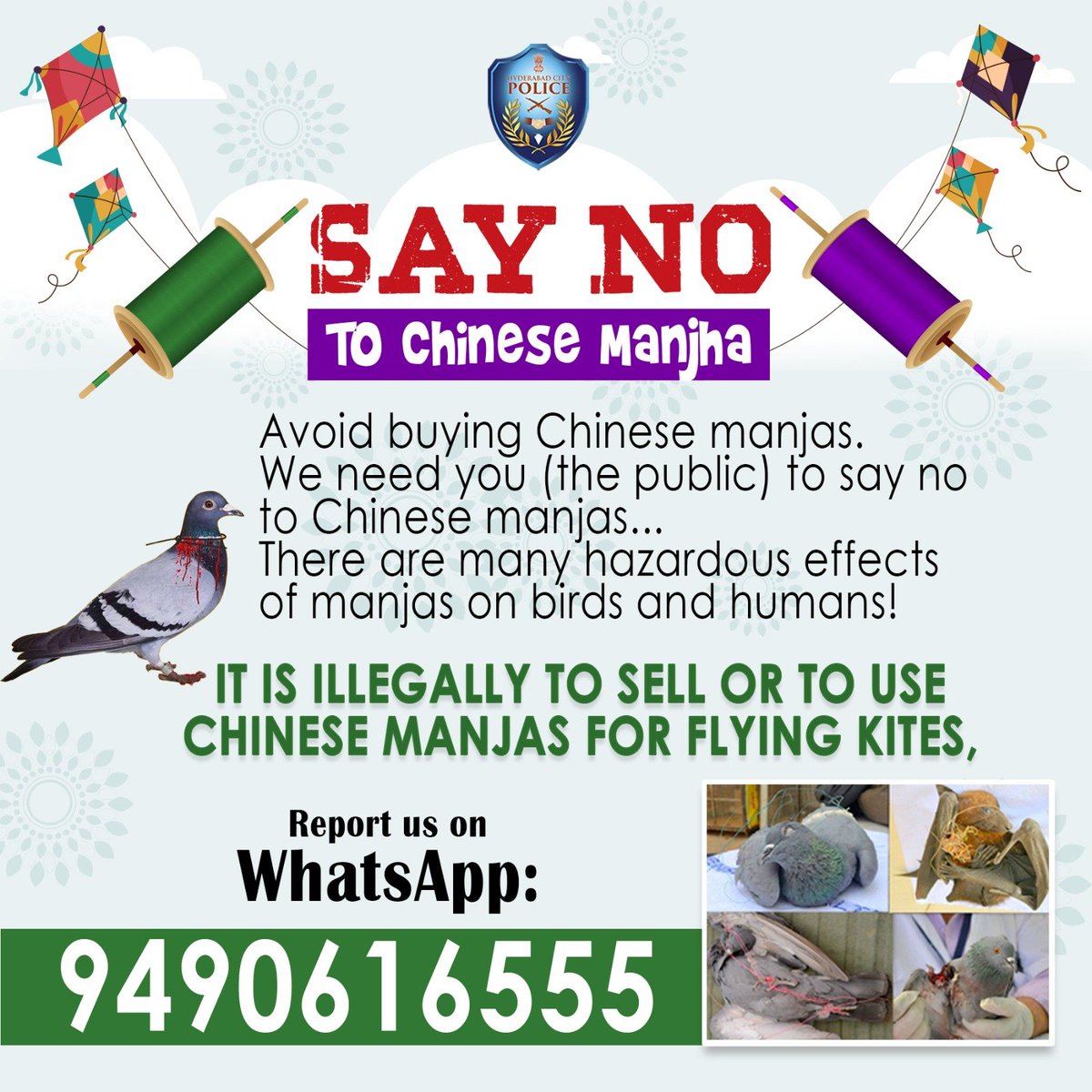 a18_news's tweet photo. Say no to Synthetic & Chinese Manja this #MakarSankranti as it is harmful to both Humans and Birds. #ChineseManja #SaveBirds #BeSafe
#AvoidChineseManja #HyderabadCityPolice https://t.co/dzayW0v9At