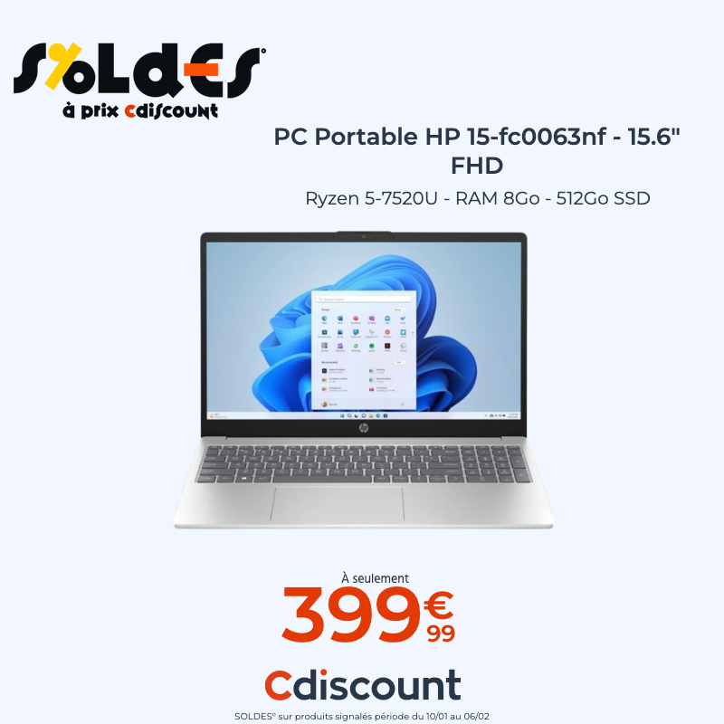 💻 PC Portable HP 15-fc0063nf - 15,6' FHD ✔️ Ryzen 5-7520U - RAM 8Go - Stockage 512Go SSD ✔️ Windows 11 - AZERTY 🛒 bit.ly/48OCNrc #CdiscountSoldes