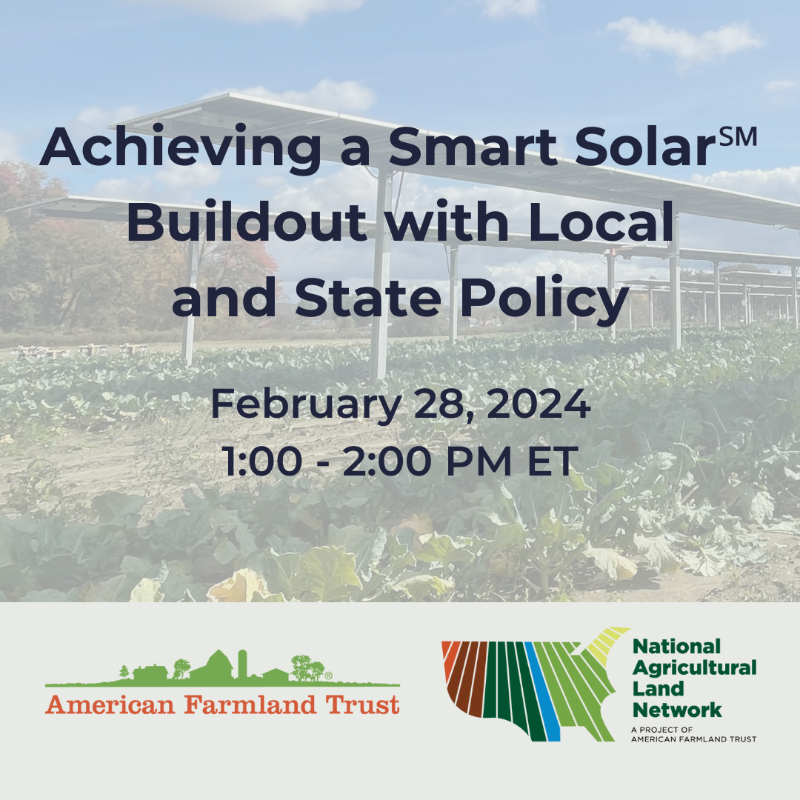Farmland's tweet photo. AFT is hosting a #webinar on 2/28 to educate state &amp; local government officials, lawmakers, developers, advocates, &amp; others on our #policy recommendations for achieving a #solar buildout that benefits #farm communities and #farmviability.