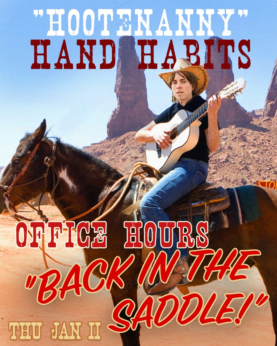 Howdy partners! We're back in the saddle for the first OHL of 2024. Join the Trinity as they take the reins again w/ musical guest @hand_habits! Tune in LIVE tomorrow Thurs. 1/11 at 10am PT (1pm ET) at youtube.com/officehourslive or patreon.com/officehourslive⁠ ⁠ Art by @OnCinemaHead